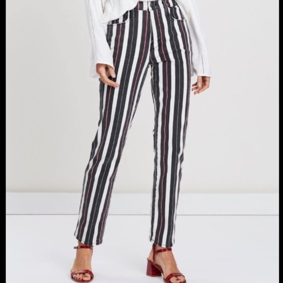 FRAME Le Sylvie Slender Straight Stripe Jeans 28 Black White Cherry Red Chic USA - Picture 1 of 15